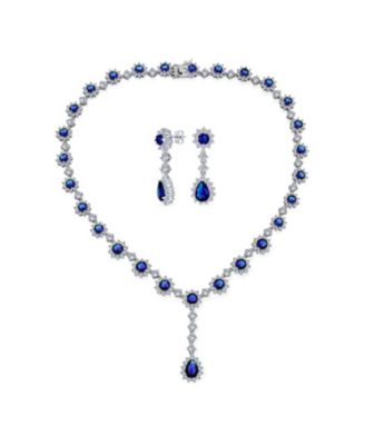  Estate Style Cubic Zirconia CZ Blue Sapphire Teardrop Statement Necklace Jewelry Set