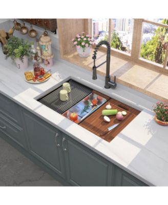 32x19inch Gunmetal Black Undermount Workstation Sink 16 Gauge 304 Stainless Steel 10 Inch Deep with Full Accessories