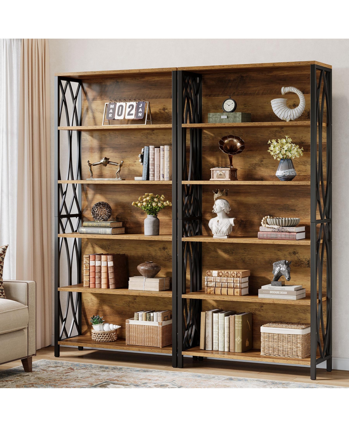 Tribesigns 70.87" Tall Bookshelf Set of 2, 6-Tier Industrial Bookcase with Geometric Metal Frame & Open Storage Shelves, Freestanding Display She