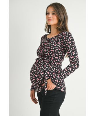 Maternity Long Sleeve Floral Tie Waist Top