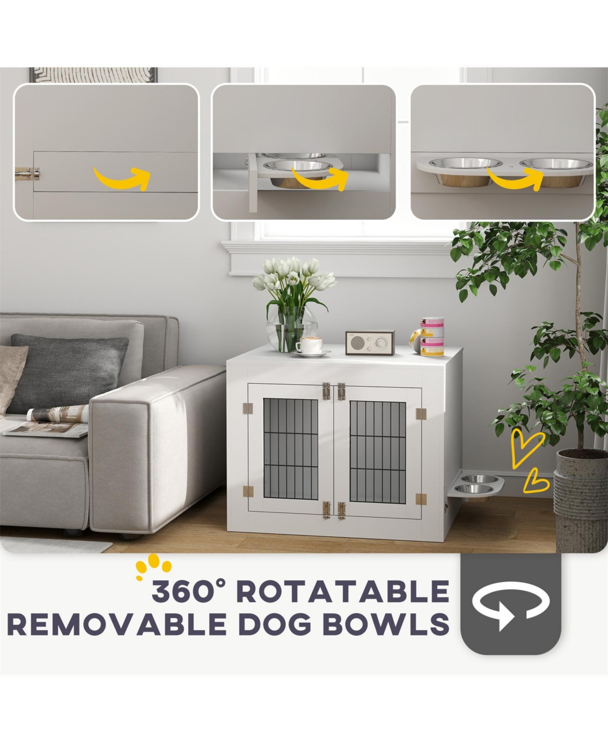 Aostirmotor Dog Crate Furniture with 360° Rotatable Removable Dog Bowls in White
