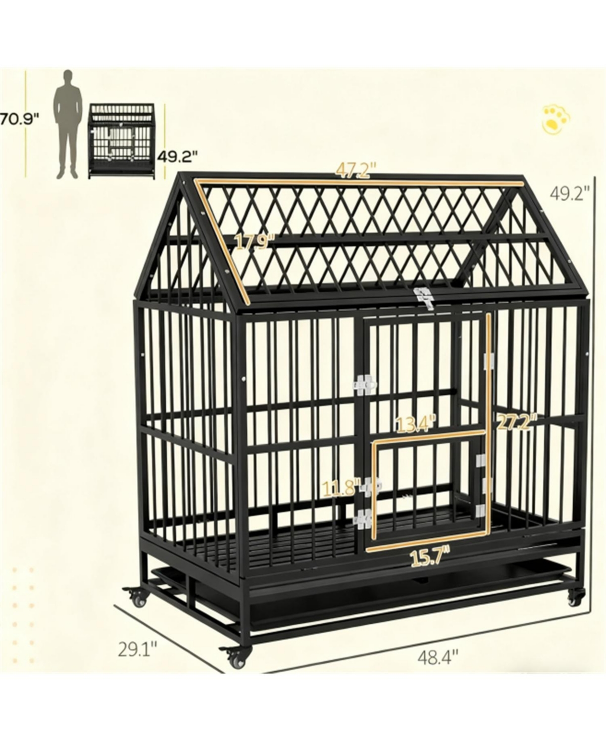 Aostirmotor Dog Crate with 4 Lockable Wheels, Double Doors, and Removable Tray in Black