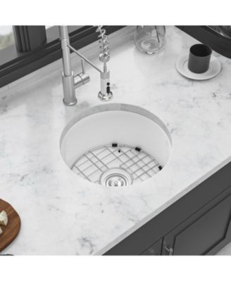 huluwat Porcelain Fireclay Circular Kitchen Sink Dual Mount Single Bowl with Grid