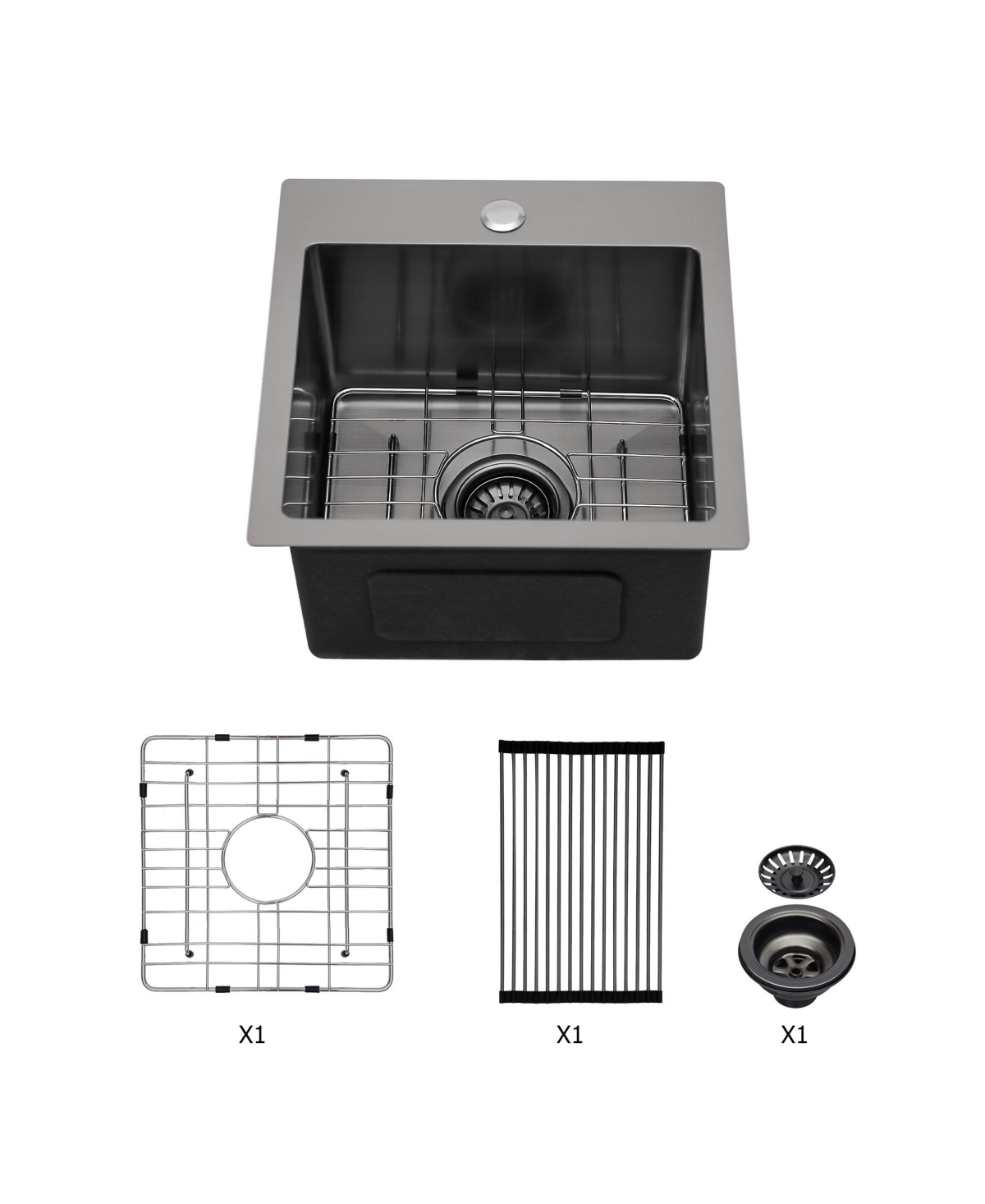 flynama 15x15x9inch Gunmetal Black Kitchen Sink Drop In Stainless Steel 16 Gauge Deep Single Bowl