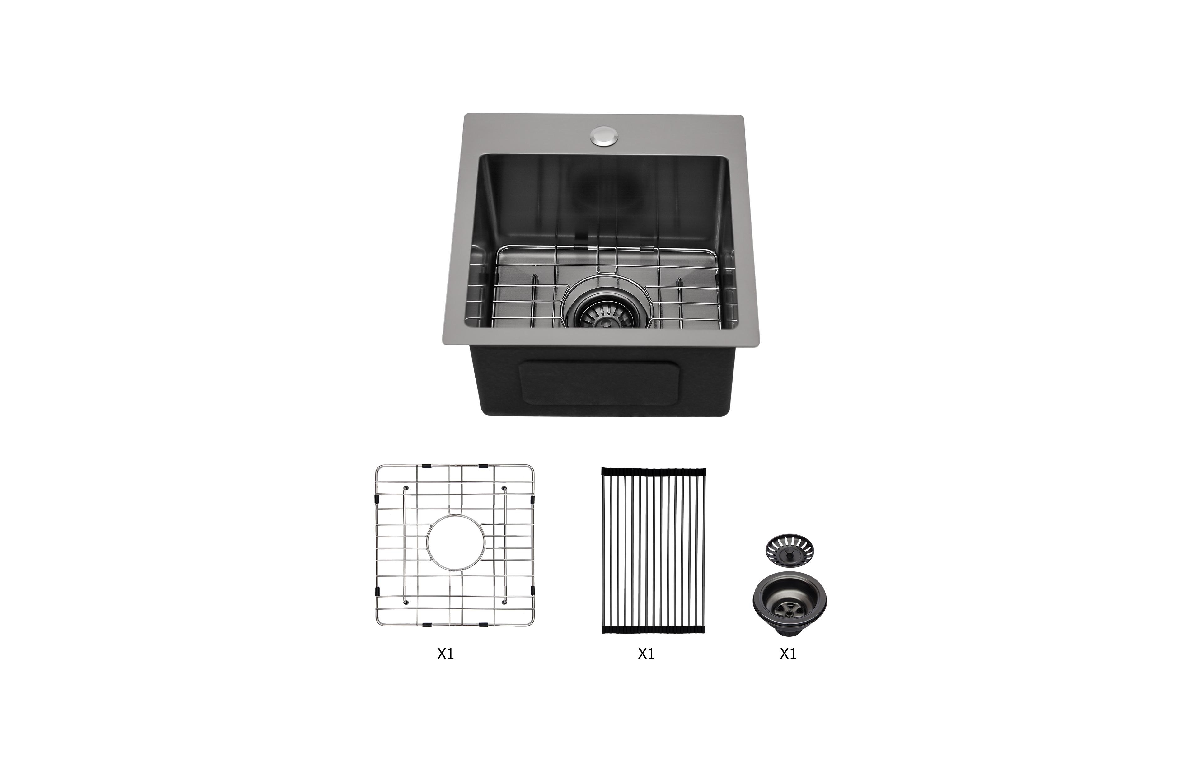 flynama 15x15x9inch Gunmetal Black Kitchen Sink Drop In Stainless Steel 16 Gauge Deep Single Bowl