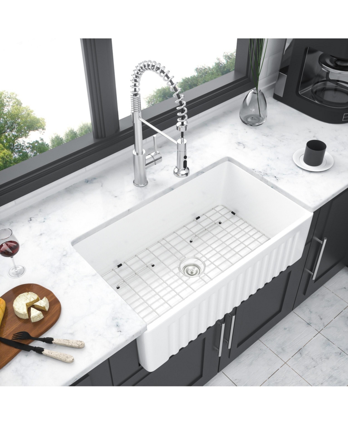 Flynama 30x18x10inch White Farmhouse Sink Apron Front Porcelain Ceramic Reversible Single Bowl