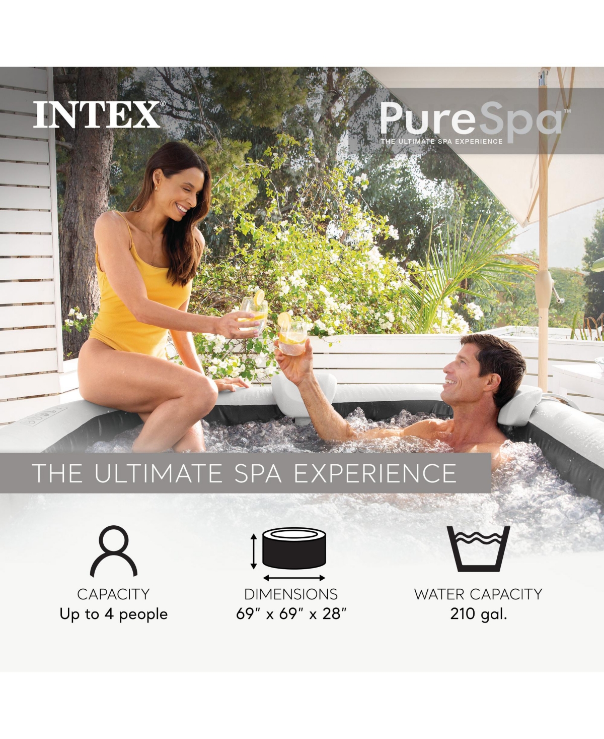 Intex PureSpa Greystone Deluxe 4 Person Inflatable Hot Tub Square Spa, 69" x 28"