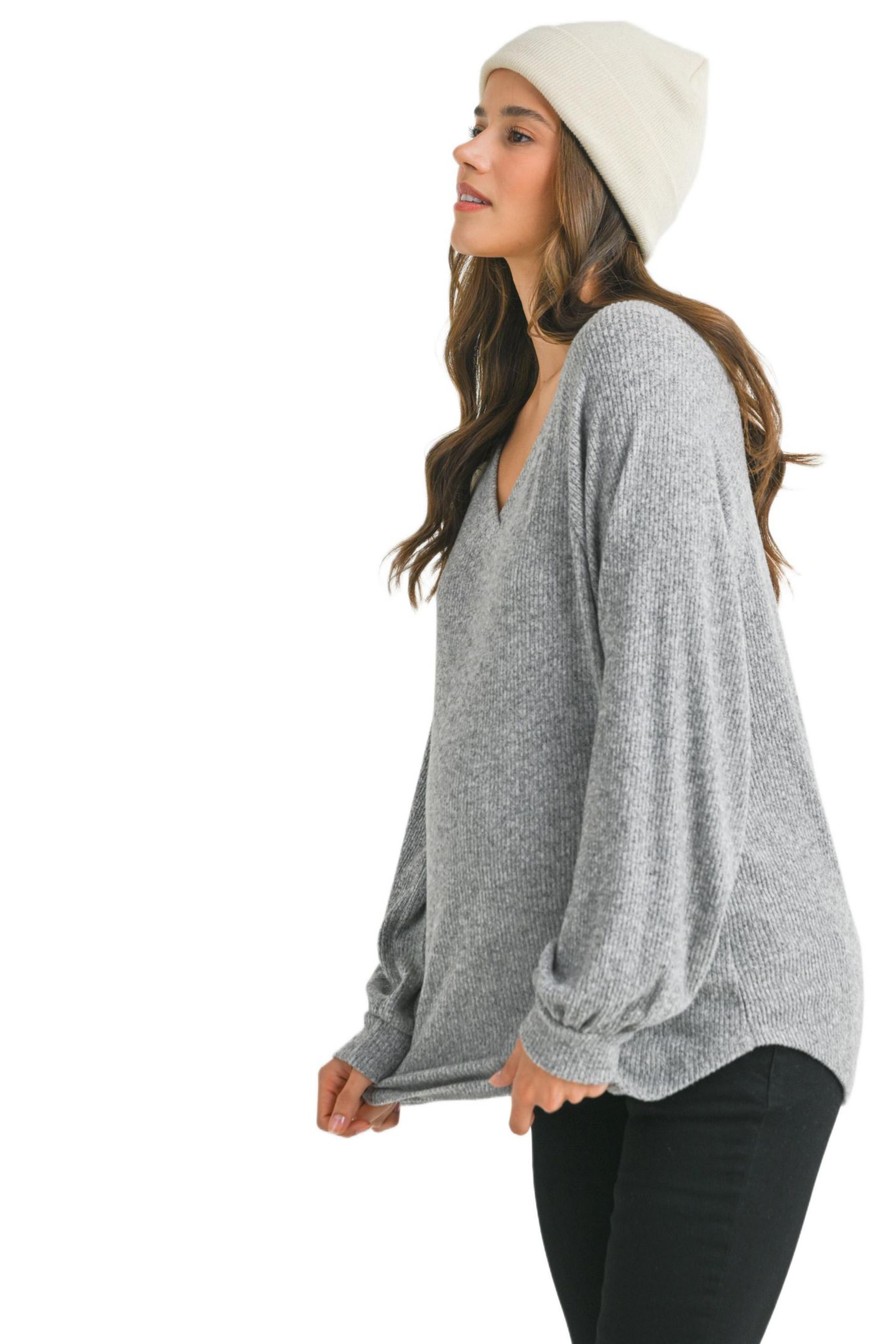 Женский свитер Hello Miz Maternity Ribbed Long Sleeve V Neck, цвет: Меланжевый серый — фото 2
