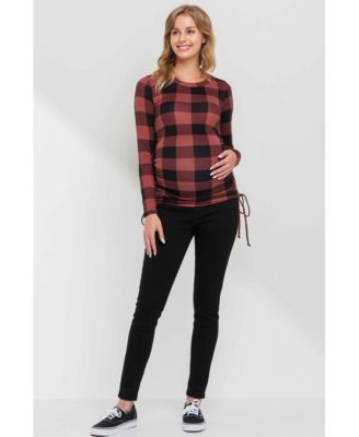 Maternity Plaid Side Ruched Long Sleeve Top