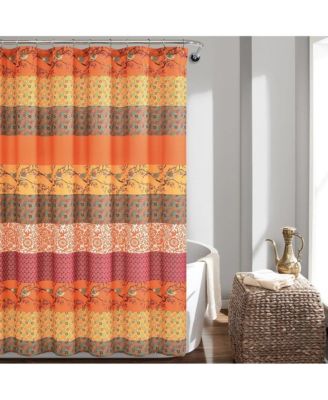 72-inch Orange Teal Floral Damask Boho Birds Polyester Shower Curtain