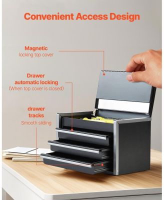 Metal Tool Box, 8.6", 3-Drawer Portable Tool Chest, EVA Liners, PP Feet, Ball-Bearing Slides, Black