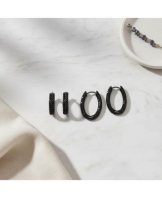 Set of 2 Black Pave CZ Cubic Zirconia Round Inside Out & 2 Row Huggie Hoop Earrings Black Rhodium Plated