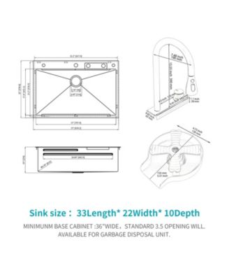 33x22x10inch 16 Gauge T304 Stainless Steel Drop In Waterfall Workstation Kitchen Sink with Pull Down Faucet and Cup Washer