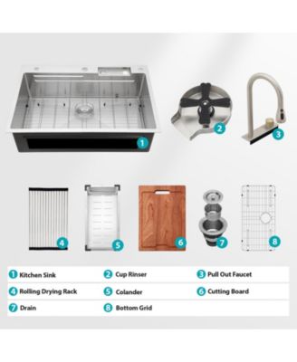 33x22x10inch 16 Gauge T304 Stainless Steel Drop In Waterfall Workstation Kitchen Sink with Pull Down Faucet and Cup Washer