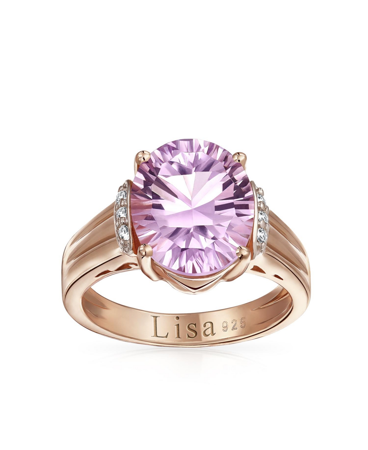 Bling Jewelry Traditional Oval 4CT Pink Amethyst Statement Ring Zircon Accent Rose Gold Vermeil