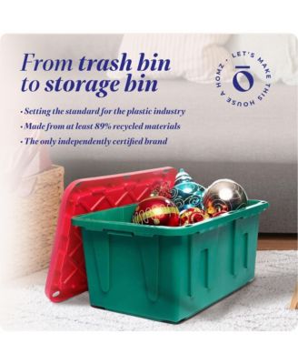 Durable 27 Gallon Heavy Duty Holiday Storage Tote, Green/Red, (4 Pack