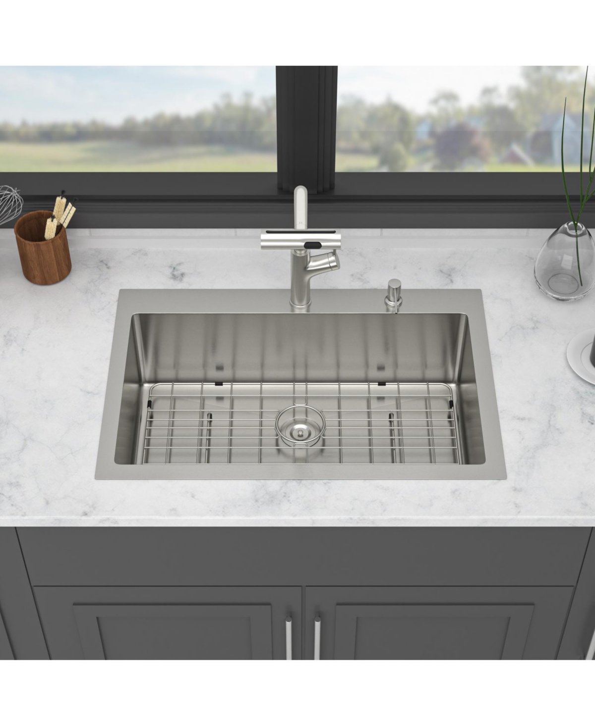flynama 33x22x10inch Drop In Kitchen Sink with Pull Out Faucet Soap Dispenser Stainless Steel Single Bowl 16 Gauge