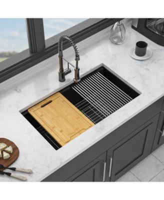 32x19x9.65inch Black Quartz Composite Undermount Kitchen Sink Workstation Granite Deep