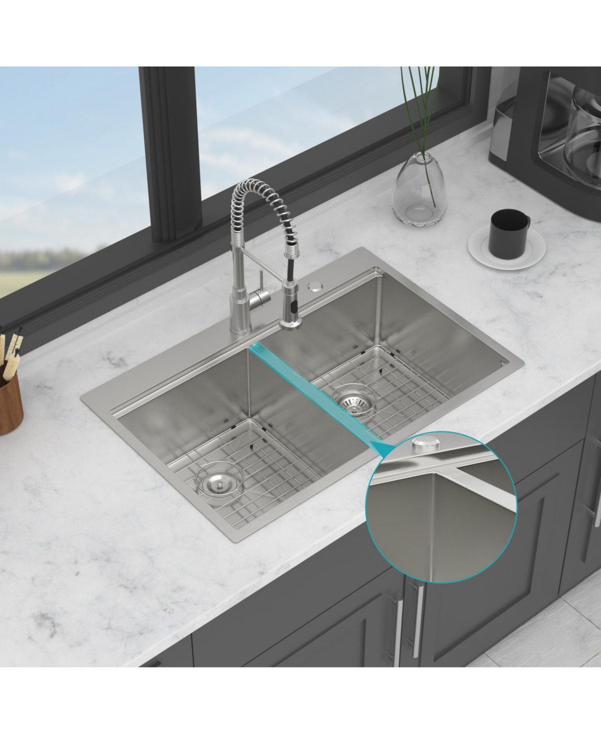 flynama 33x22x10inch Topmount Double Bowl Kitchen Sink 16 Gauge Stainless Steel Brushed Nickel