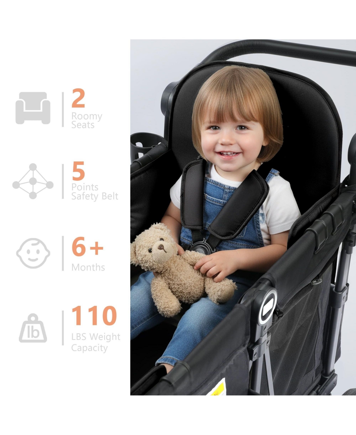 Kinder King All-Terrain Wagon Stroller for Two Kids with Canopy, Snack Tray and Shock-Absorbing Wheels