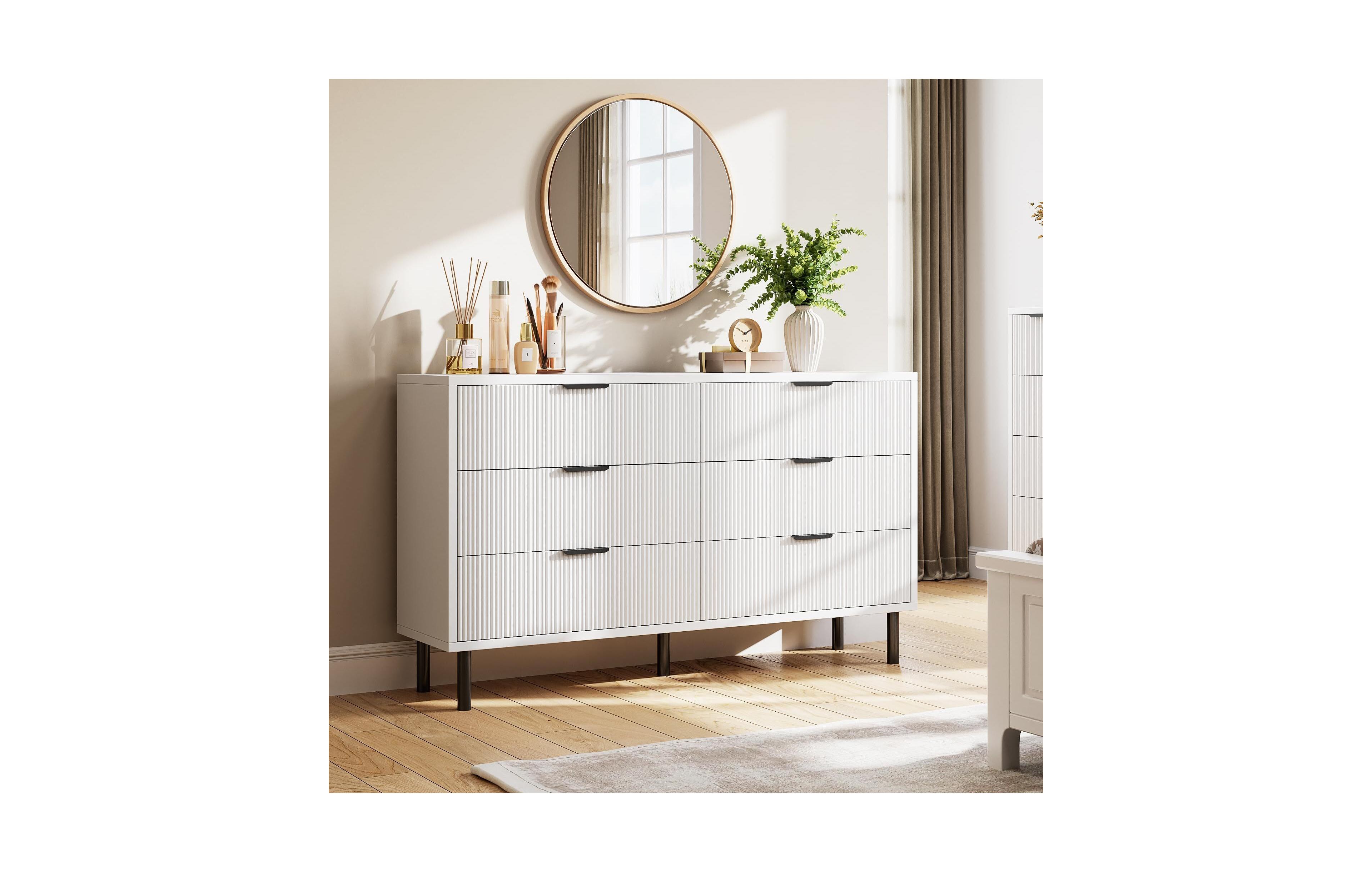 Gaomon Modern Fluted 6 Drawer Dresser for Bedroom, Wide Chest of Drawers with Metal Handles and Legs