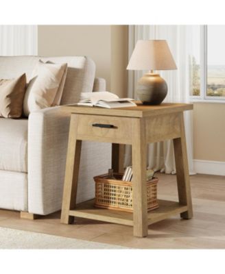 Farmhouse Square Side Table, 2 -Tier Wooden End Table with Drawer, Rustic Nightstands with Shelf Storage