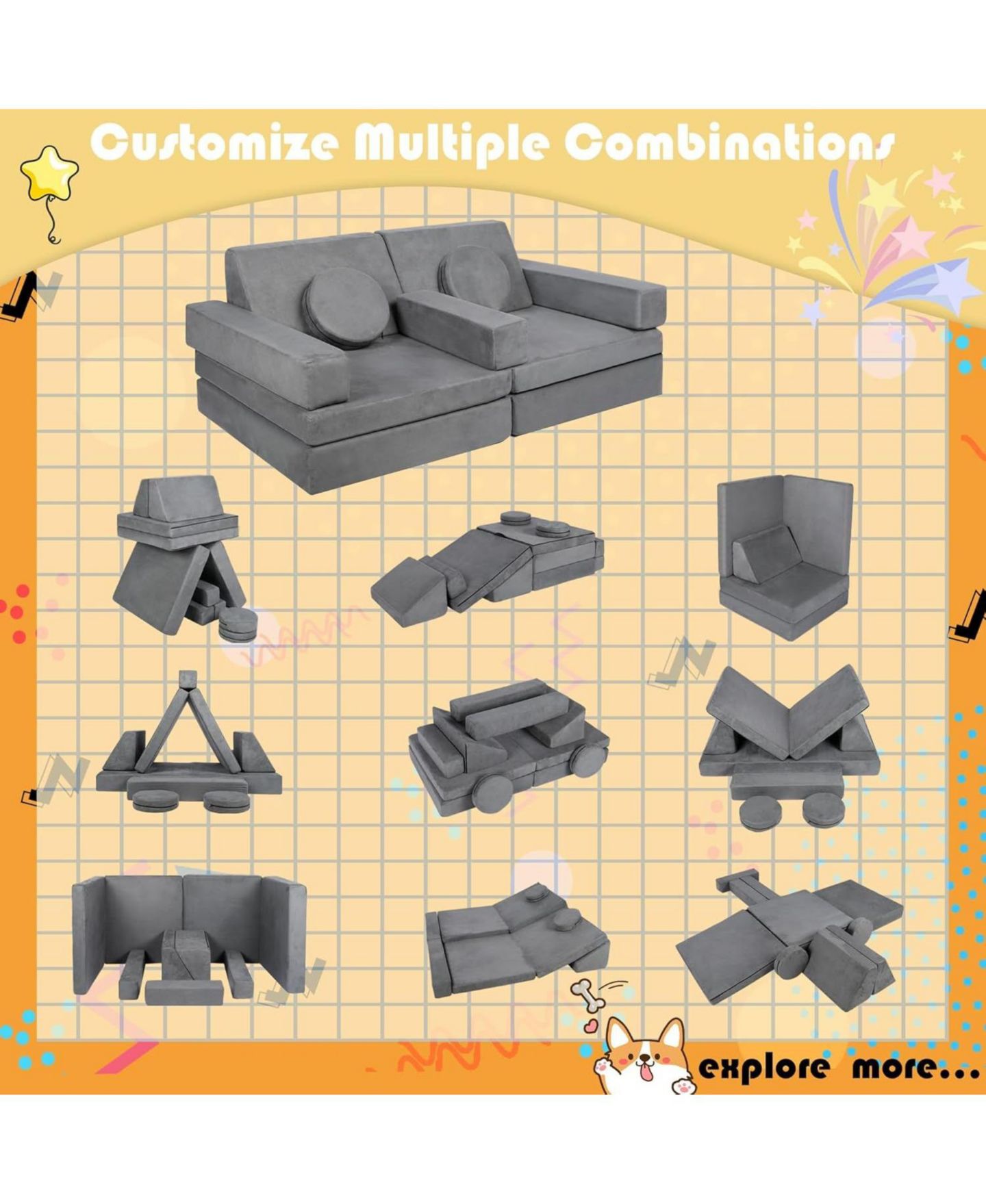 Детские игрушки Kinder King Modular-Convertible 9-Piece Sofa, Ages 3+ — фото 3