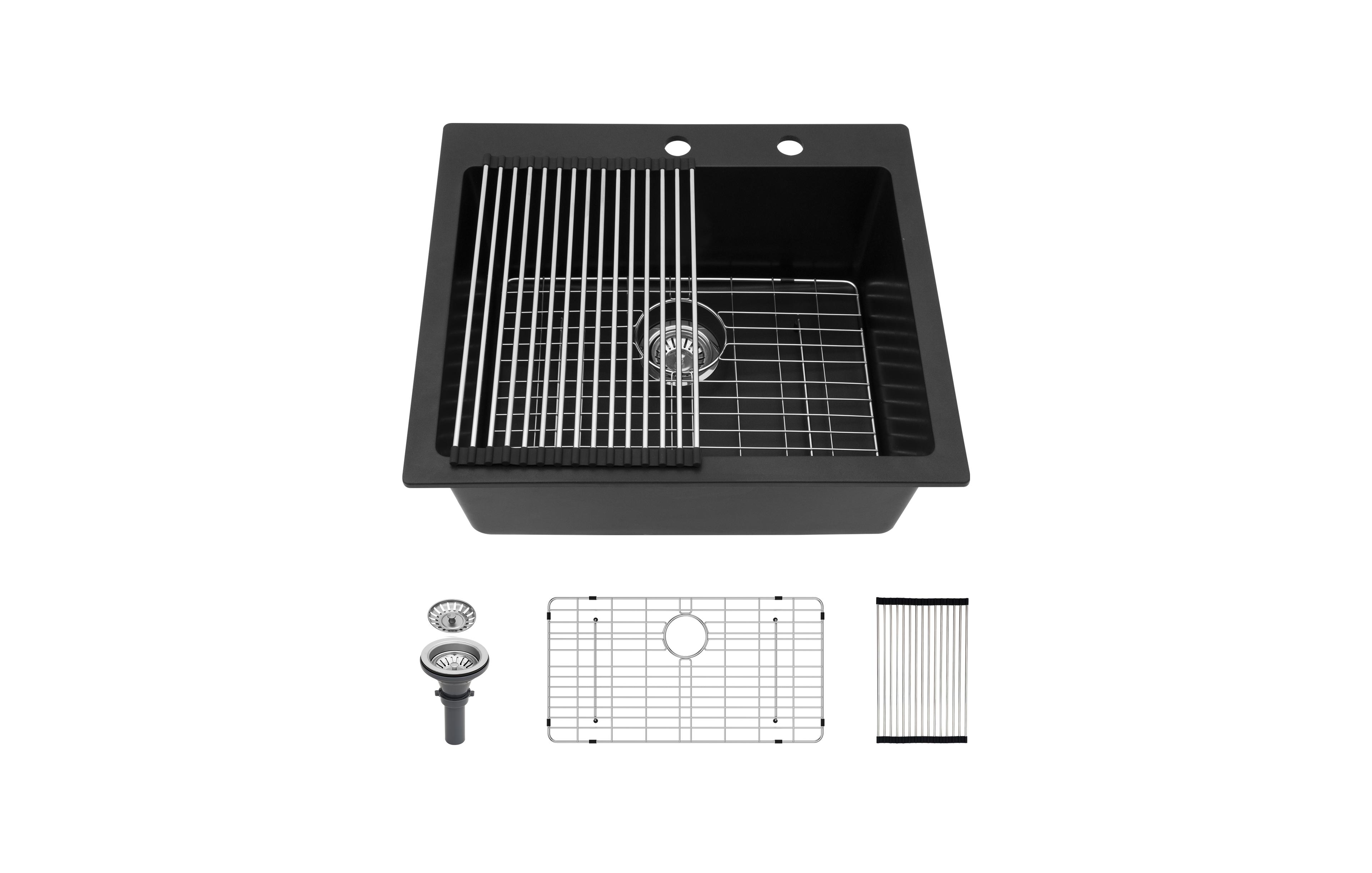 flynama 25x22x9.65inch Black Quartz Composite Kitchen Sink Drop In Single Bowl Granite