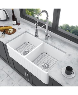 33x18x10inch White Farmhouse Sink Ceramic Porcelain Double Bowl Apron Front Kitchen