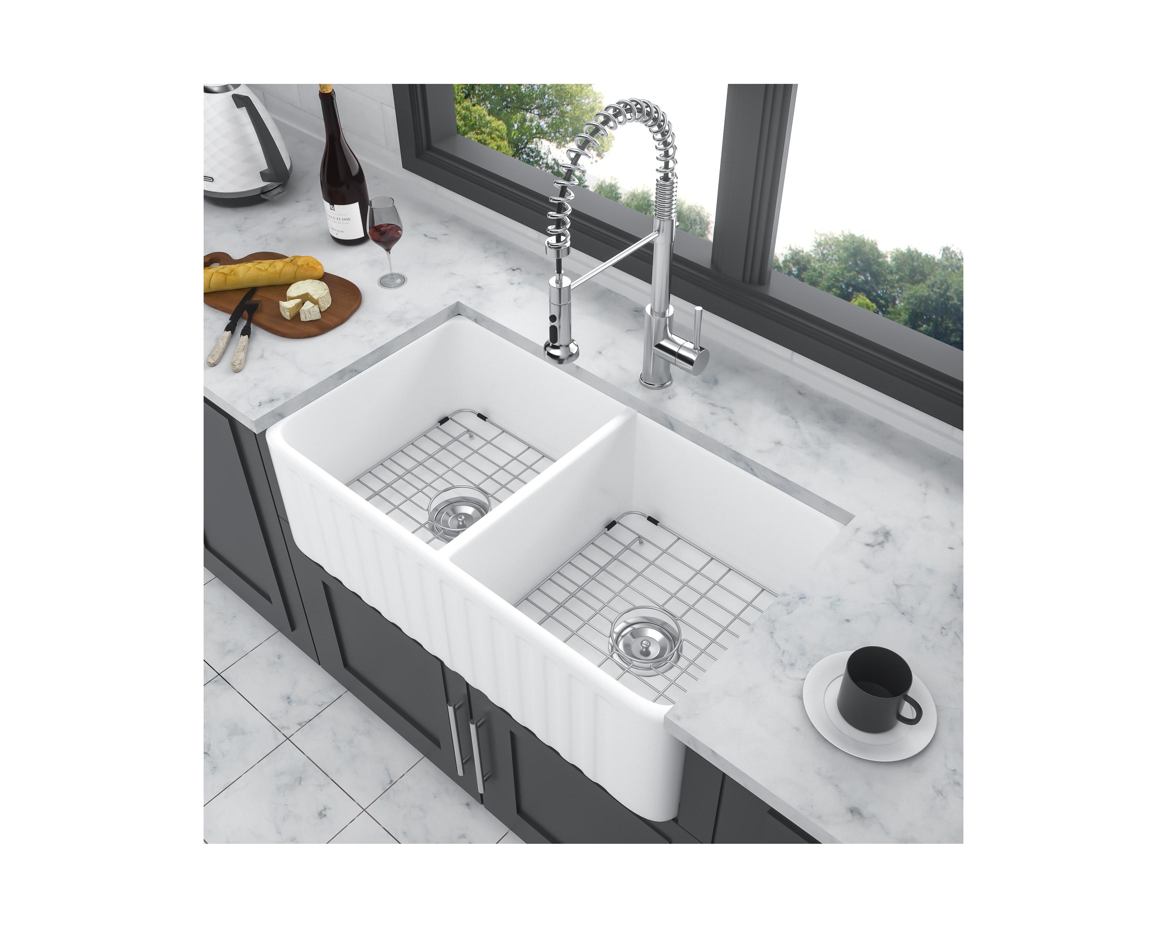 flynama 33x18x10inch White Farmhouse Sink Ceramic Porcelain Double Bowl Apron Front Kitchen