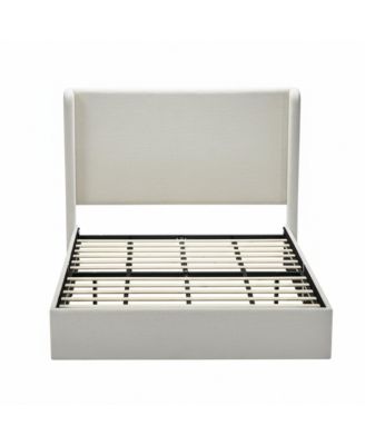 Carmen Upholstered Wingback Bed Frame with 54" Headboard, Textured Ivory Chenille