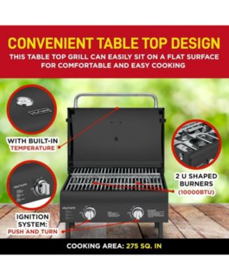 Portable 2-Burner Propane Gas Grill, Stainless Steel Tabletop BBQ with Foldable Legs, Wind-Resistant Lid, Easy-Clean, Camping