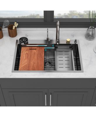 33x22x10inch Gunmetal Black Waterfall Kitchen Sink Drop In Stainless Steel Workstation