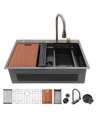 33x22x10inch Gunmetal Black Waterfall Kitchen Sink Drop In Stainless Steel Workstation