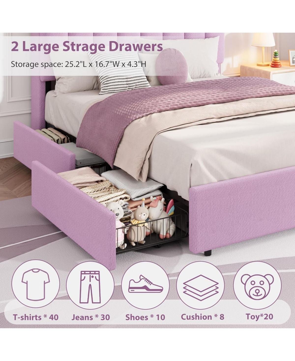gaomon Led Twin Xl Bed Frame with Storage Headboard, Boucle Upholstered Kids 2 Drawers