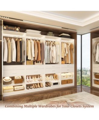 Closet Organizer with Wood Drawers and Shoe Rack, Freestanding Closet System with Hanging Rods