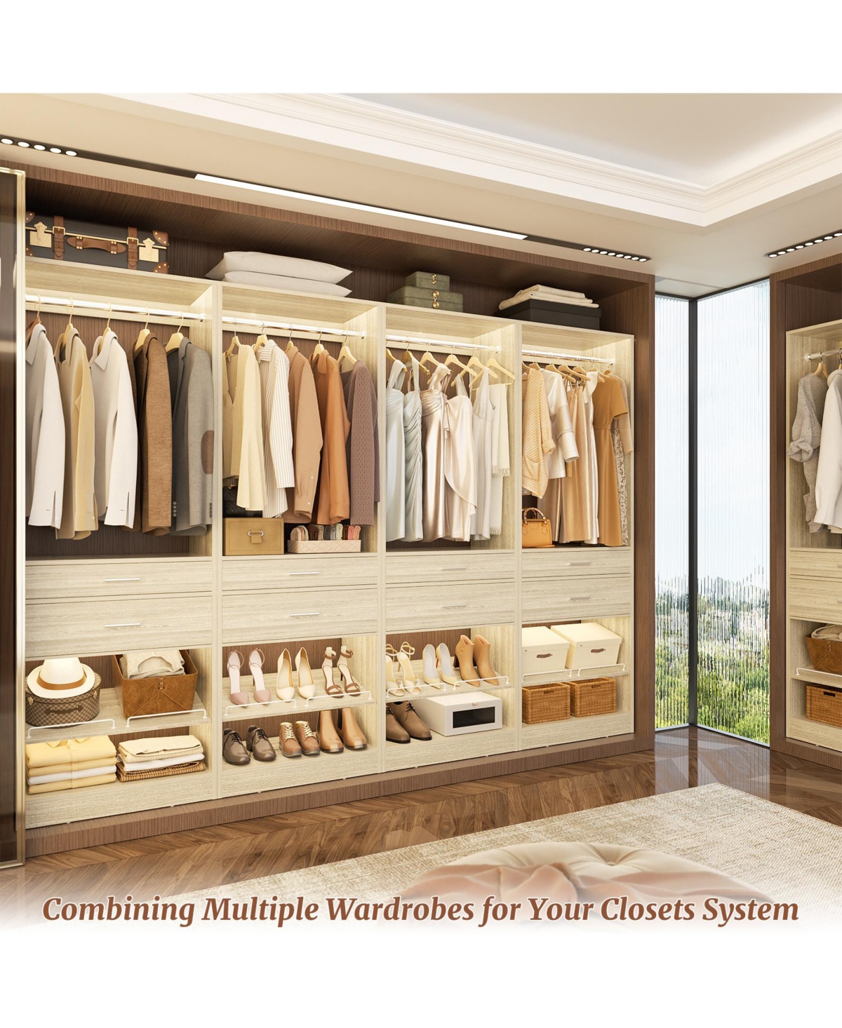 Aheaplus Closet Organizer with Wood Drawers and Shoe Rack, Freestanding Closet System with Hanging Rods
