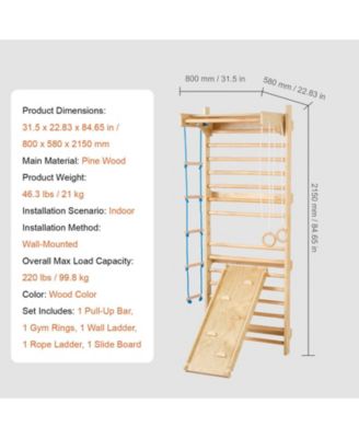 Swedish Ladder Wall Gym, 5-in-1 Indoor Climbing Set w/ Pull-Up Bar, Rings, Rope Ladder & Slide Board