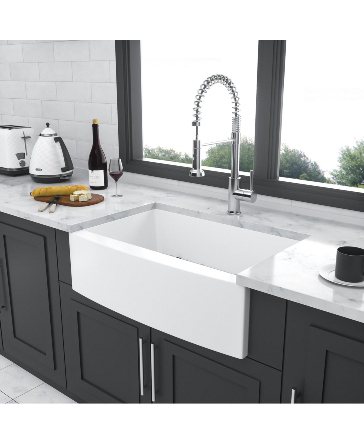 flynama 30x21x10 Inch White Farmhouse Kitchen Sink Ceramic Porcelain Arch Edge Apron Front Single Bowl With Drain Assembly Dish Grid