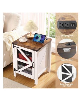 Farmhouse Nightstand With Charging Station And Barn Door Storage Rustic End Table Sofa Side Table For Bedroom