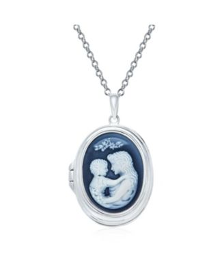 Victorian Style Blue Black White Loving Family Mother Child Cameo Locket Pendant Necklace Sterling Silver