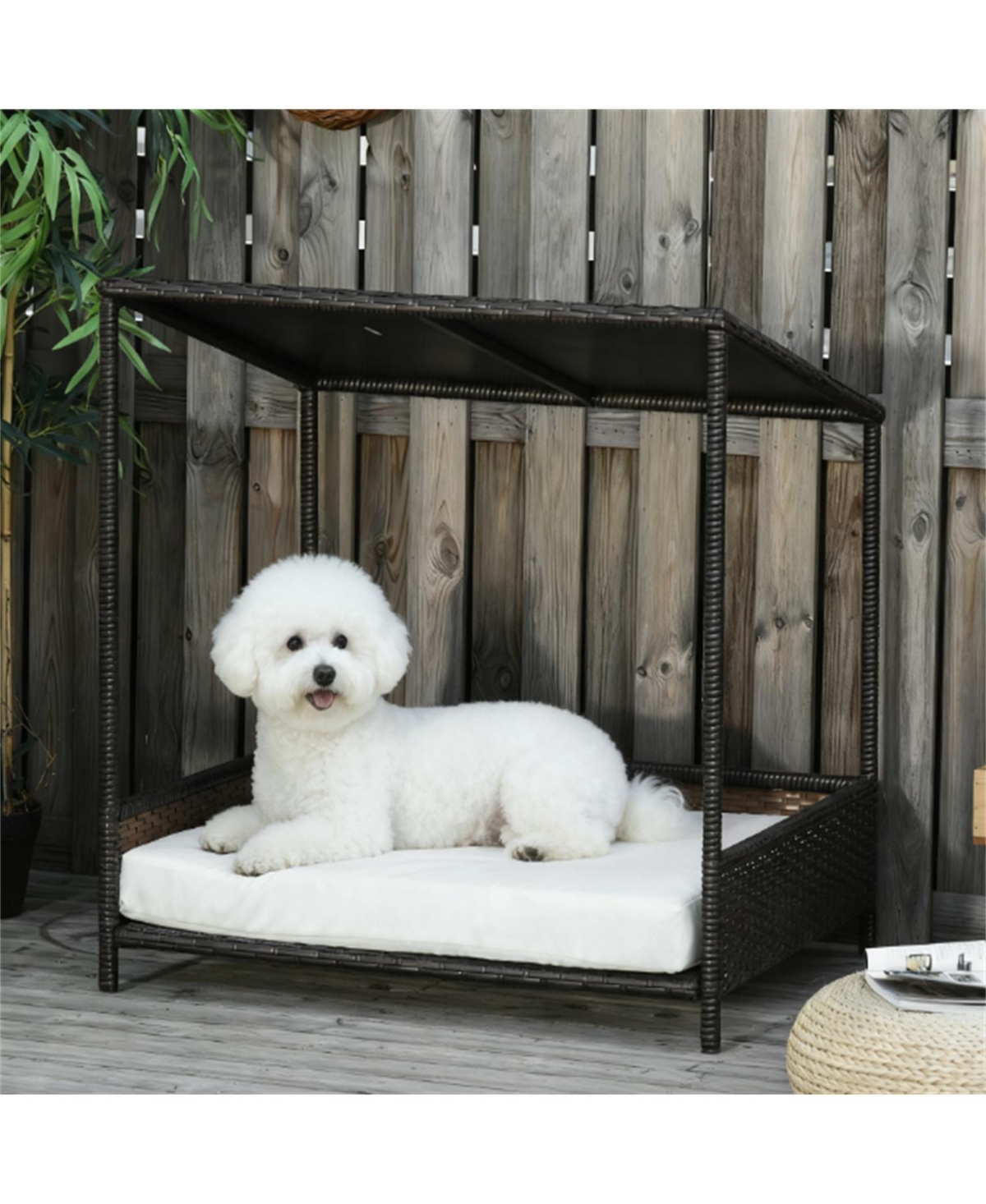 Aostirmotor Dog House Raised Rattan Puppy Bed in Brown