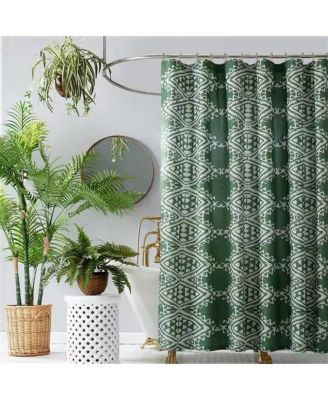 Green White Geometric Motif Cotton Poly Shower Curtain 72x72