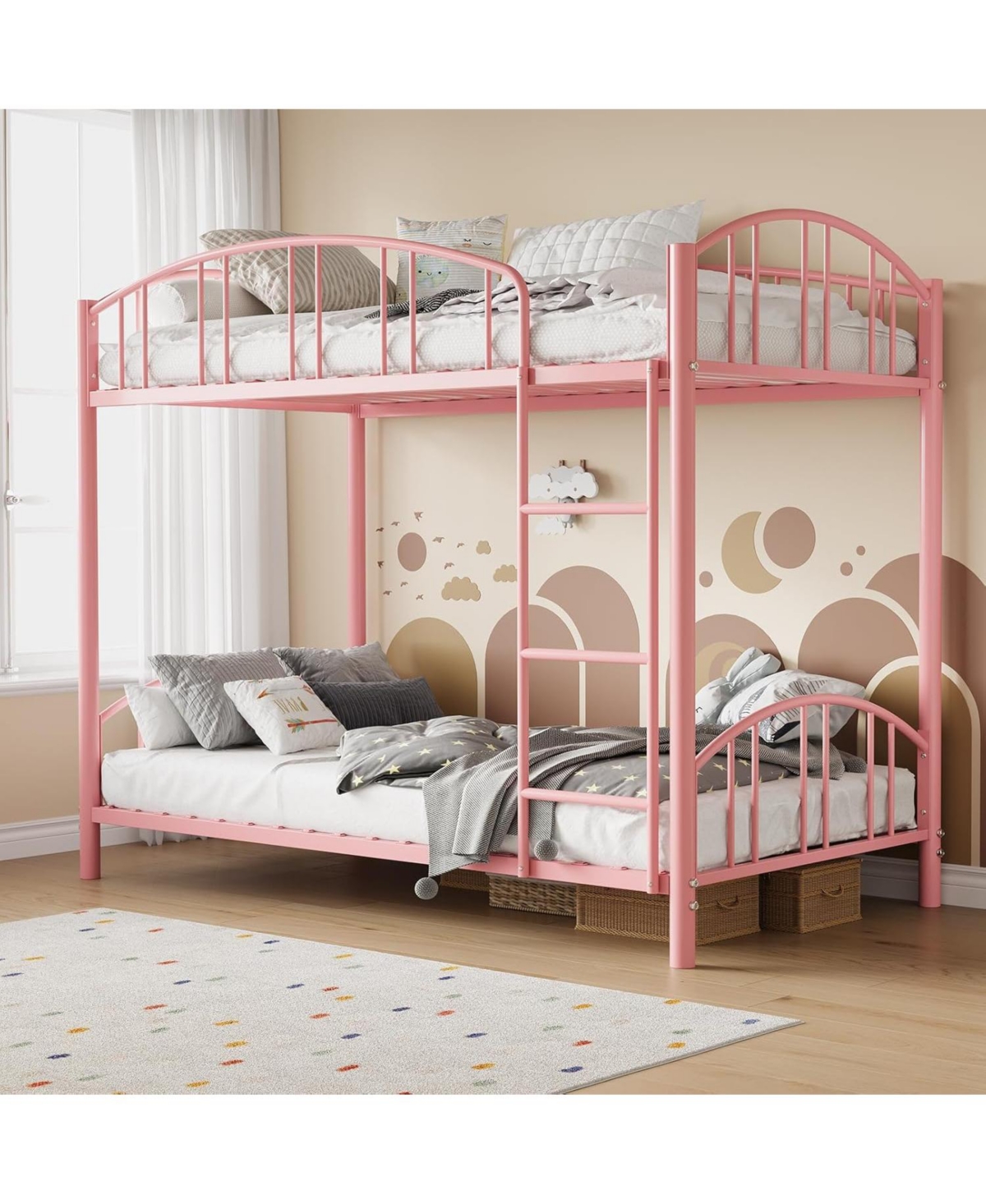 gaomon Metal Bunk Bed Twin Over Twin, Frame with Heightened Arched Guardrail and Safety Ladder,Sturdy Steel