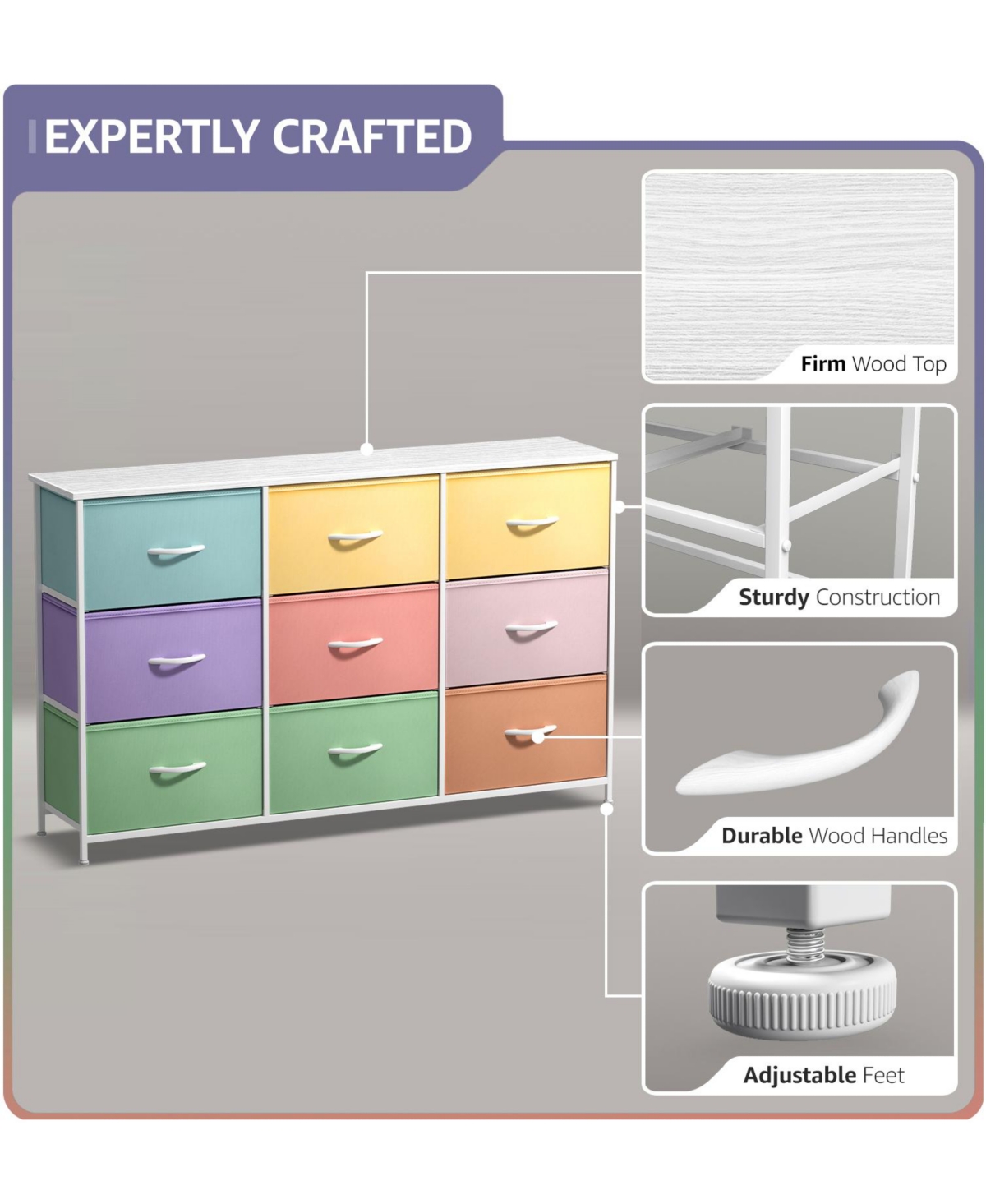 Sorbus 9 Drawers Dresser- Storage Unit with Steel Frame, Wood Top, Fabric Bins