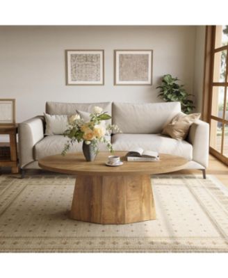 Oval Coffee Table, 47-Inch Living Room Table with Polygonal Pedestal, Modern Center Accent Furniture, Child-Friendly, Yellowish Brown