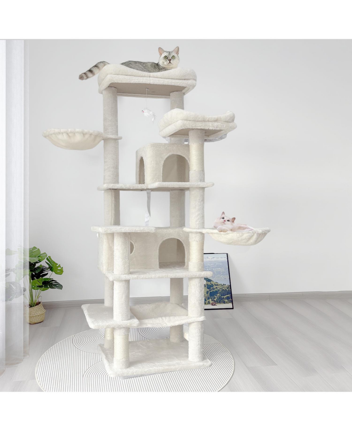 Aostirmotor 68-Inch Multi-Level Cat Tree with Cat Cave, Hammocks, Hanging Basket in Beige