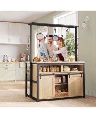 42" Kitchen Island with Power Outlet, Rustic Wood Coffee Bar, Sliding Barn Door, 9 Hooks, Open Shelves & Mobile Storage Cabinet