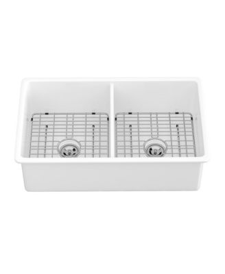 32x19x10inch White Fireclay Double Bowl Kitchen Sink Undermount Dual Mount