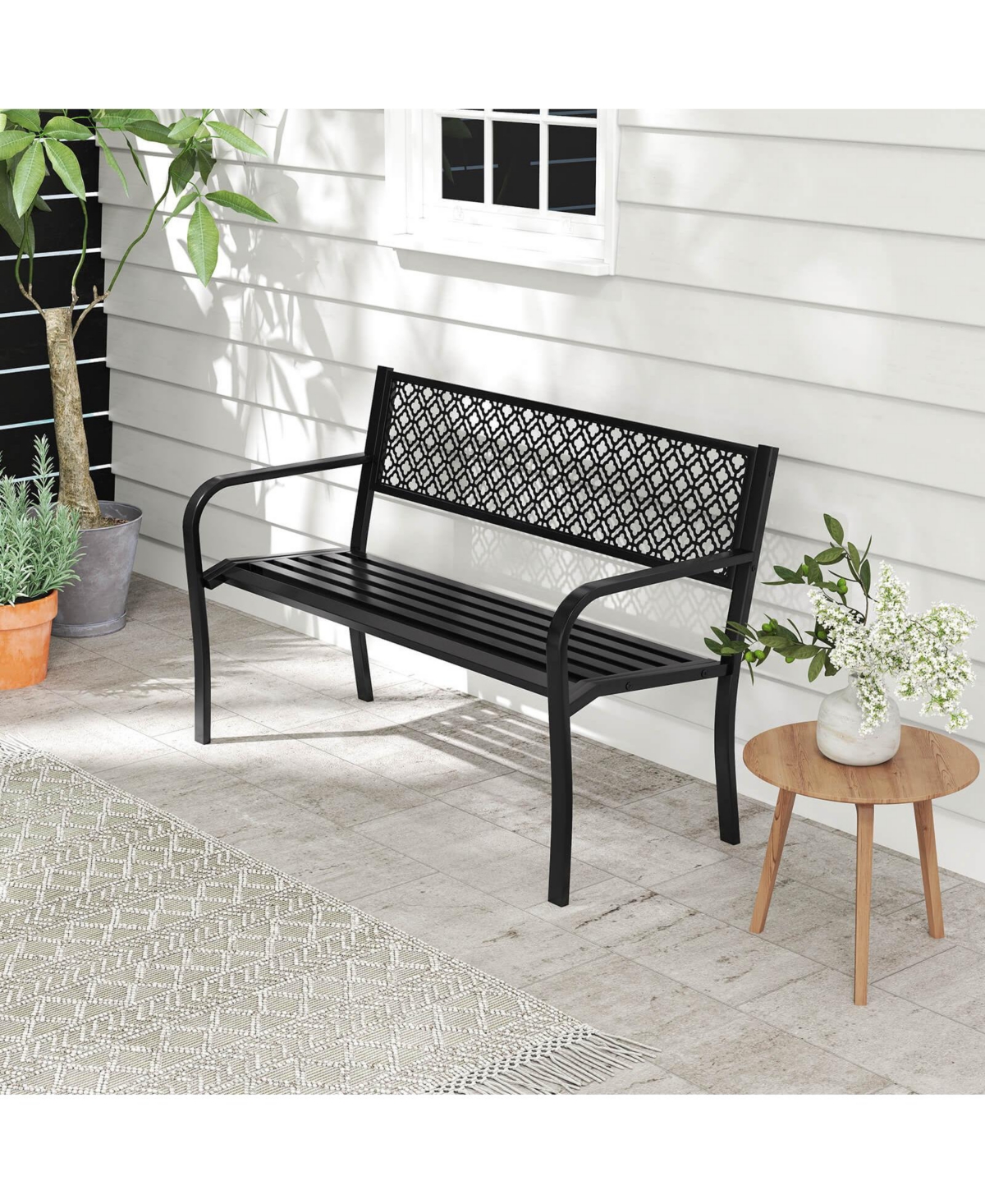 Costway 50" Outdoor Garden Bench with Geometric Lattice Backrest Armrests and Slatted Seat